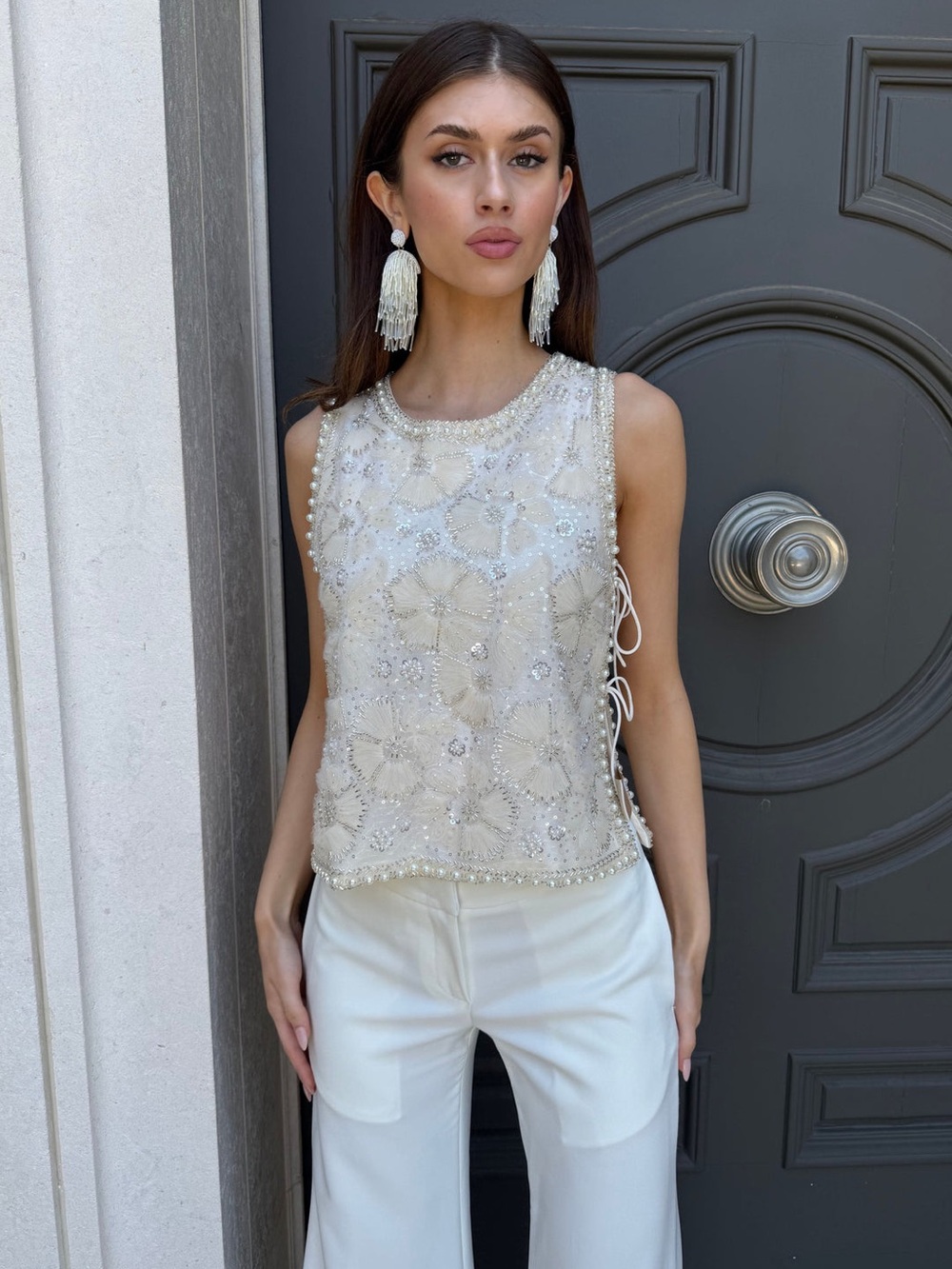 Elegant Ivory Beaded Sleeveless Top Paulina Pearl Beaded Sleeveless Top